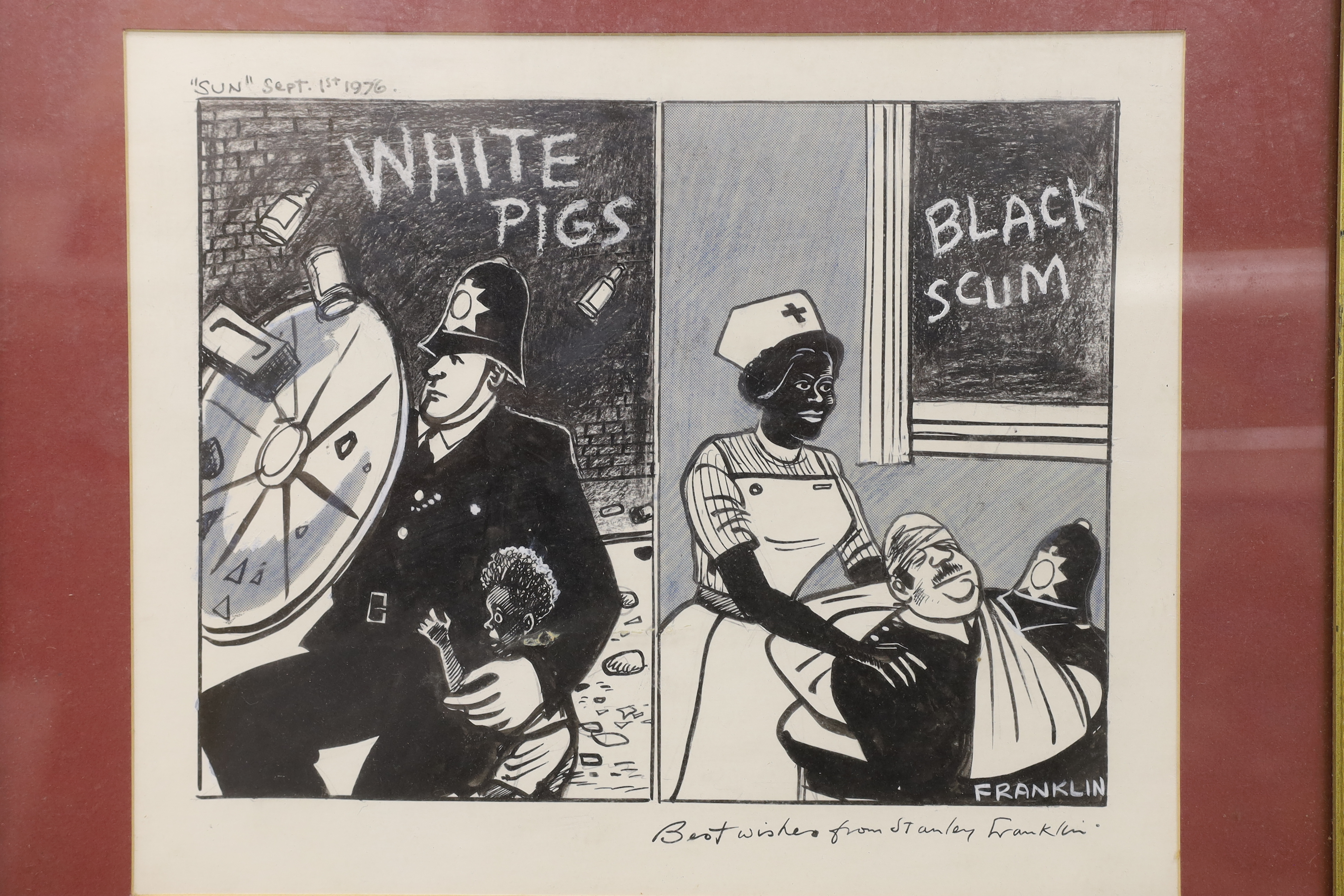 Stanley Franklin, mixed media, Cartoon for The Sun Newspaper, September 1st 1976, 'White Pigs / Black Scum', inscribed by the artist, 26 x 31cm